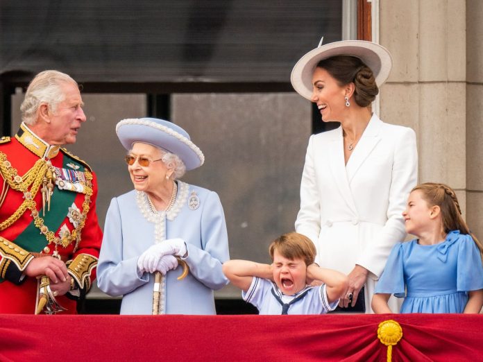 Prince Louis seems less that impressed during a flypast over Buckingham Palace after the Trooping the Colour ceremony as his great-grandmother the Queen celebrated her official birthday in June. His grandfather, mother and old sister also seemed oblivious to his complaint (Aaron Chown/PA)